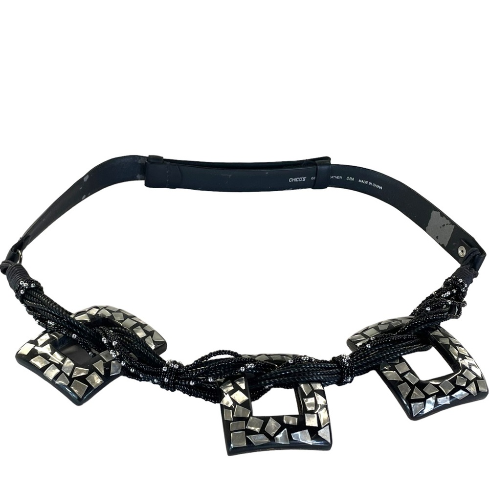 Chico's Black Leather Adjustable Belt w/ Beads & Mother of Pearl Like Inlay S/M - Picture 4 of 11